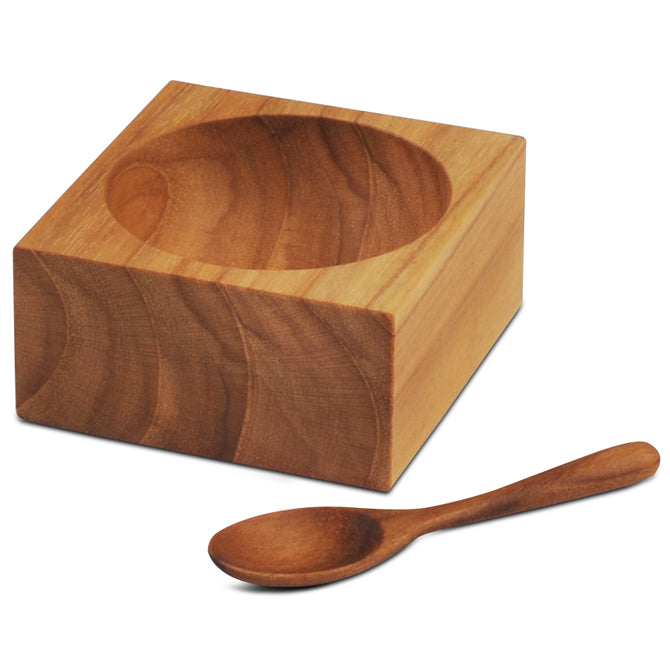 Teak Square Salt Cellar with Teak Spoon