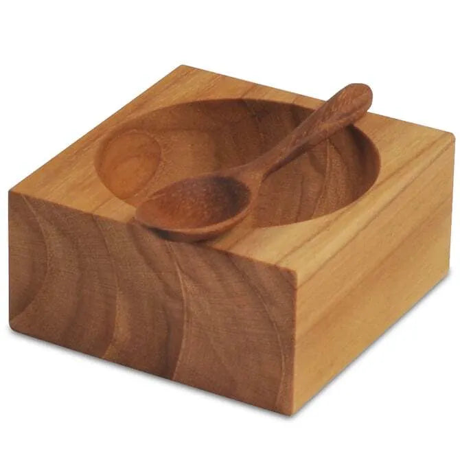 Teak Square Salt Cellar with Teak Spoon