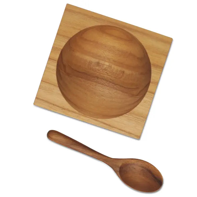 Teak Square Salt Cellar with Teak Spoon