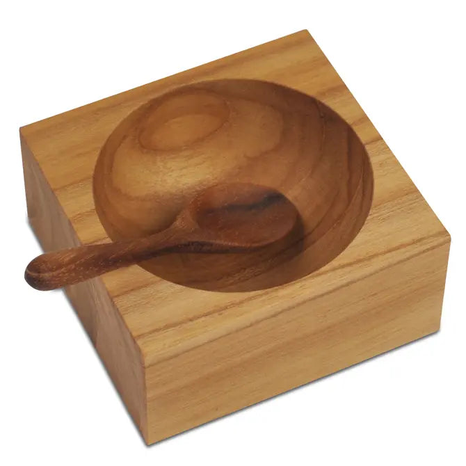 Teak Square Salt Cellar with Teak Spoon