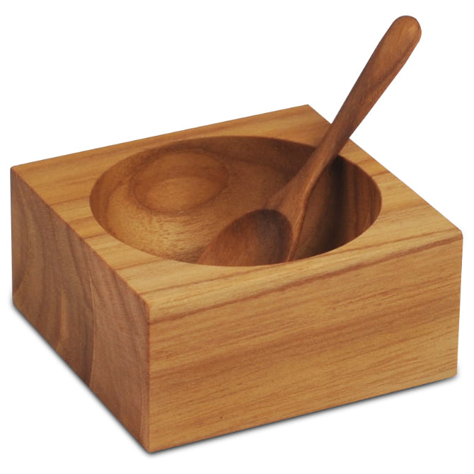 Teak Square Salt Cellar with Teak Spoon