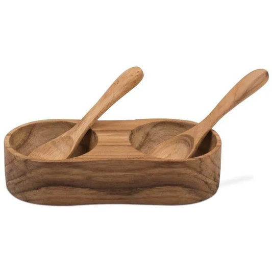 Teak Salt and Pepper Server with Spoons