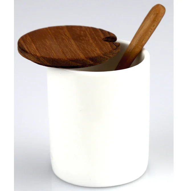 Ceramic Mini Cellar with Teak Lid and Spoon