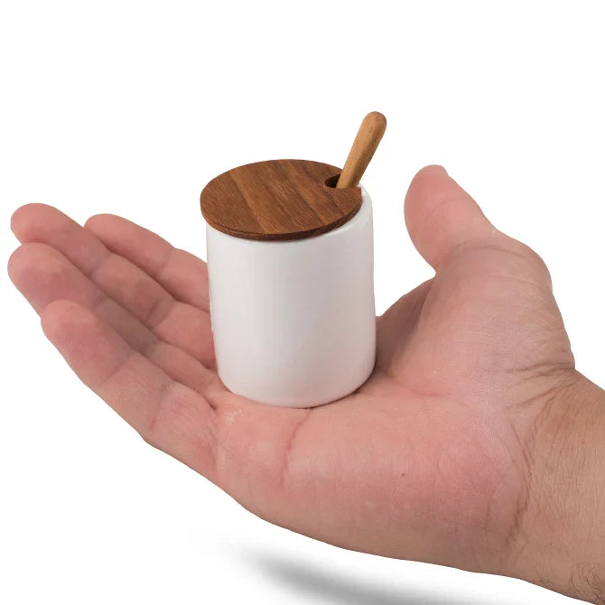 Ceramic Mini Cellar with Teak Lid and Spoon