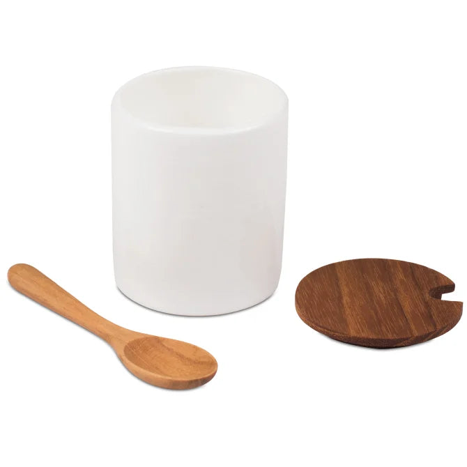 Ceramic Mini Cellar with Teak Lid and Spoon