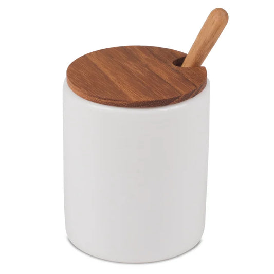 Ceramic Mini Cellar with Teak Lid and Spoon